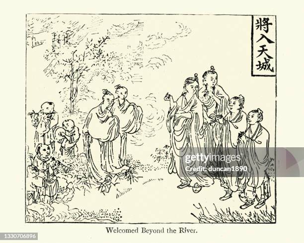 chinese pilgrim's progress, welcomed beyond the river, 19th century - monk robes stock illustrations