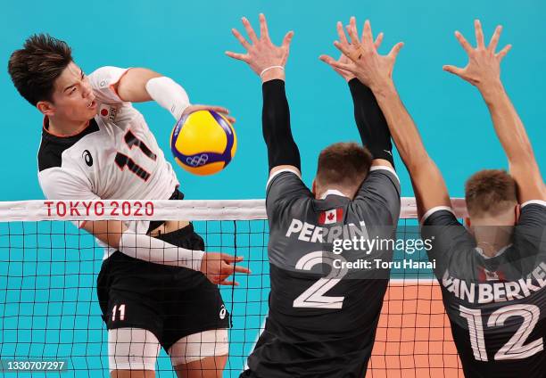 Yuji Nishida of Team Japan competes against Team Canada during the Men's Preliminary Round - Pool A volleyball on day three of the Tokyo 2020 Olympic...