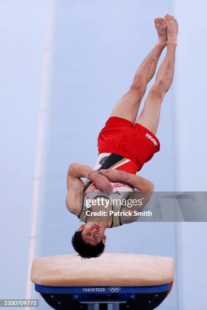 Daiki Hashimoto of Team Japan competes on vault during the Men's Team Final on day three of the Tokyo 2020 Olympic Games at Ariake Gymnastics Centre...