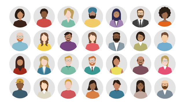 People Avatar Round Icon Set Appearance. Group of People. Teamwork. Social Media. Cartoon Animation. 4K Video. No Faces.