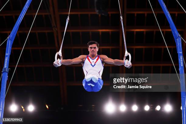 Artur Dalaloyan of Team ROC competes on rings during the Men's Team Final on day three of the Tokyo 2020 Olympic Games at Ariake Gymnastics Centre on...