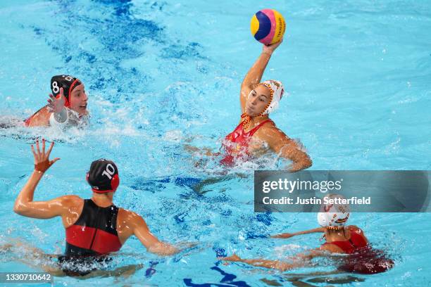 Irene Gonzalez Lopez of Team Spain on attack during the Women's Preliminary Round Group A match between Spain and Canada on day three of the Tokyo...