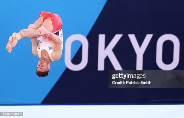 Giarnni Regini-Moran of Team Great Britain competes in the floor exercise during the Men's Team Final on day three of the Tokyo 2020 Olympic Games at...