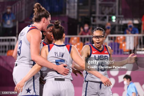 Allisha Gray, Kelsey Plum, Stefanie Dolson and Jacquelyn Young of Team United States celebrate victory in the 3x3 Basketball competition on day three...