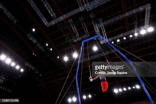 Yul Moldauer of Team United States competes on rings during the Men's Team Final on day three of the Tokyo 2020 Olympic Games at Ariake Gymnastics...