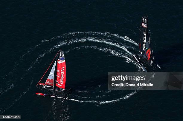 An aerial view of the Oracle Racing Boat in the lead past the Emirates Team New Zealand during the America's Cup World Series, San Diego Match Racing...