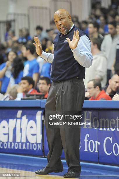 Head coach Mike Jarvis of the Florida Atlantic Owls reacts to a call during a college basketball game against the American Eagles at the Bender Arena...