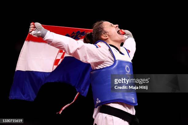 Matea Jelic of Team Croatia celebrates after defeating Lauren Williams of Team Great Britain Women's -67kg Taekwondo Gold Medal contest on day three...