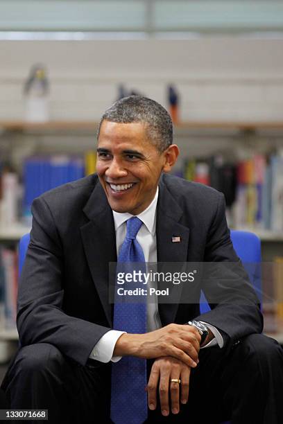 President Barack Obama smiles as he speaks to students of Campbell High School on the second day of his 2-day visit to Australia, on November 17,...