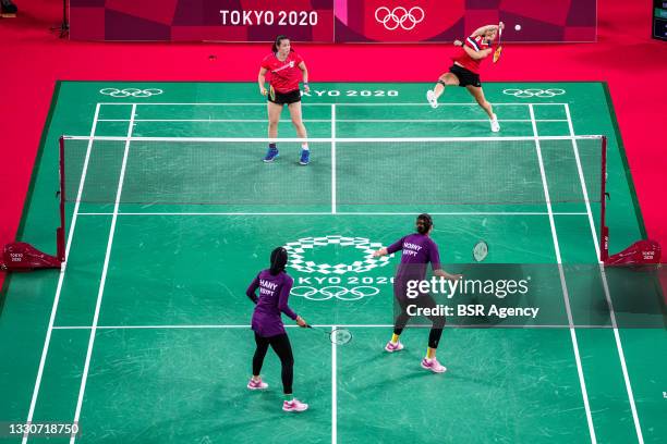 Cheryl Seinen of the Netherlands, Selena Piek of the Netherlands, Doha Hany of Egypt and Hadia Hosny of Egypt competing on Women's Doubles Group Play...