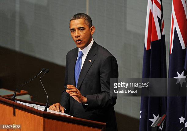 President Barack Obama addresses the Australian Parliament on the second day of his 2-day visit to Australia, on November 17, 2011 in Canberra,...