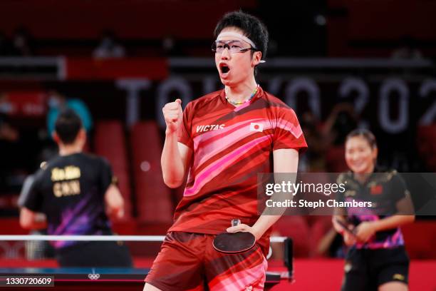 Jun Mizutani of Team Japan reacts during his Mixed Doubles Gold Medal match on day three of the Tokyo 2020 Olympic Games at Tokyo Metropolitan...