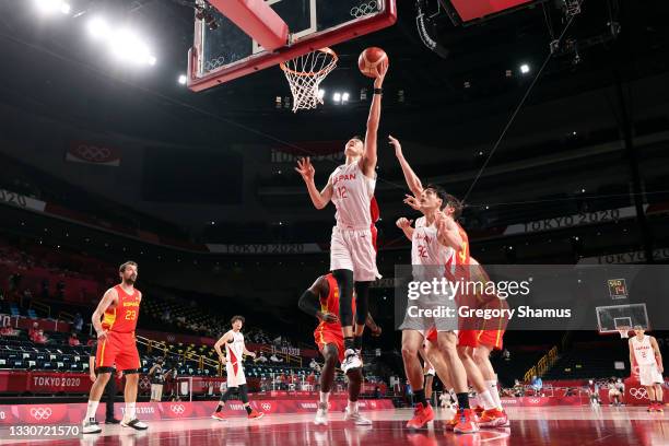 Yuta Watanabe of Team Japan drives to the basket against Spain during the first half of the Men's Preliminary Round Group C game on day three of the...