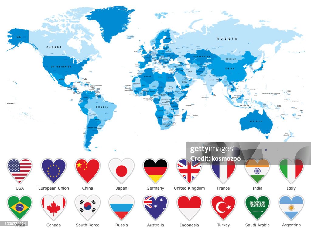 World blue map with heart shape flags against white background