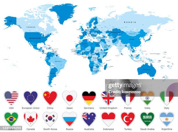world blue map with heart shape flags against white background - national border stock illustrations