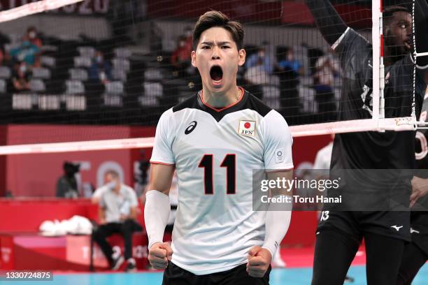 Yuji Nishida of Team Japan reacts against Team Canada during the Men's Preliminary Round - Pool A volleyball on day three of the Tokyo 2020 Olympic...