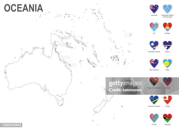 oceania white map with heart shape flags against white background - vanuatu stock illustrations