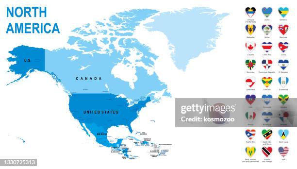 north america blue map with heart shape flags against white background - north america flag stock illustrations