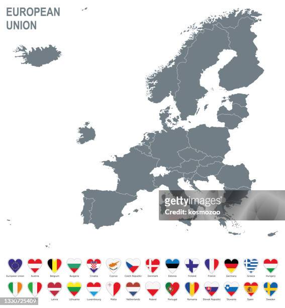 stockillustraties, clipart, cartoons en iconen met european union grey map with heart shape flags against white background - zuid europa