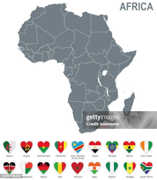 bildbanksillustrationer, clip art samt tecknat material och ikoner med africa grey map with heart shape flags against white background - algeriska flaggan