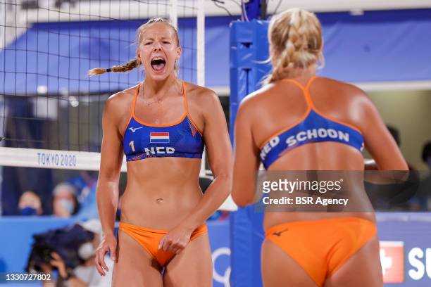 Katja Stam of Team Netherlands and Raisa Schoon of Team Netherlands during the Women's Preliminary - Pool A match in the Beach Volleyball competition...