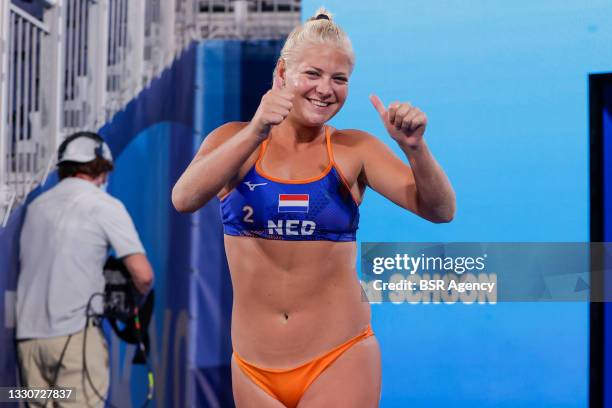 Raisa Schoon of Team Netherlands during the Women's Preliminary - Pool A match in the Beach Volleyball competition on day three of the Tokyo 2020...