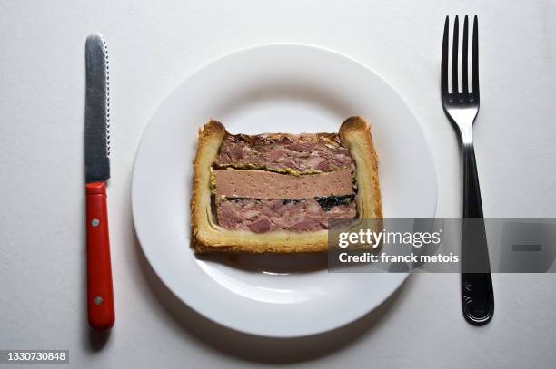 slice of pâté en croute - pate stock pictures, royalty-free photos & images