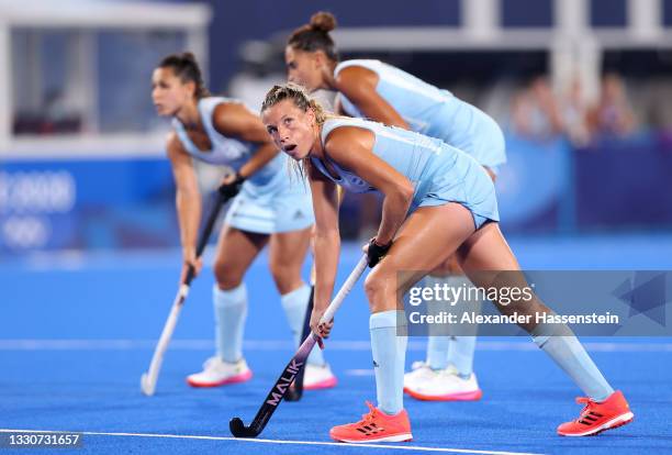 Delfina Merino of Team Argentina looks on ahead of a penalty corner during the Women's Preliminary Pool B match between Argentina and Spain on day...