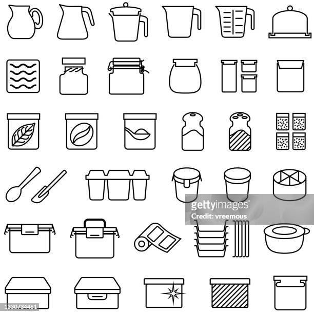 illustrazioni stock, clip art, cartoni animati e icone di tendenza di icone di tupperware e contenitori per alimenti in plastica. - cassetta degli attrezzi