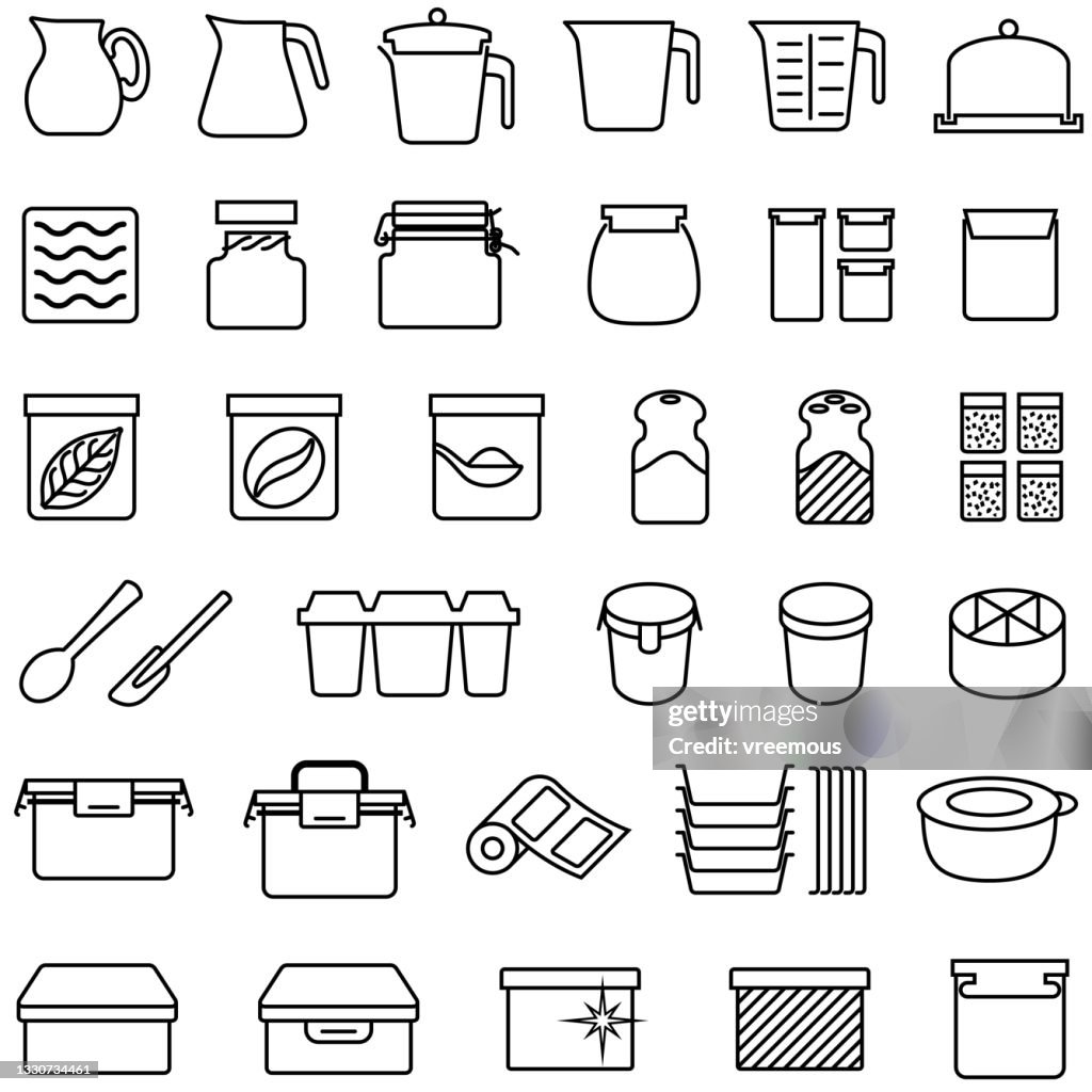 Ícones de recipientes de tupperware e plástico.