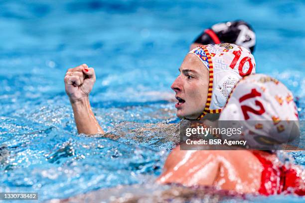 Roser Tarrago Aymerich of Spain celebrating during the Tokyo 2020 Olympic Waterpolo Tournament Women match between Team Spain and Team Canada at...