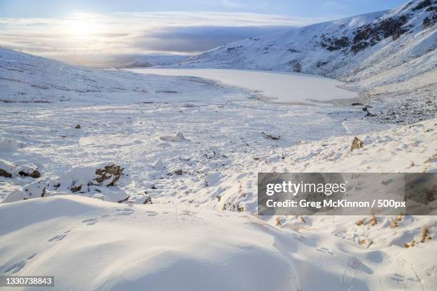 scenic view of snow covered mountains against sky,angus,united kingdom,uk - greg mckinnon stock pictures, royalty-free photos & images