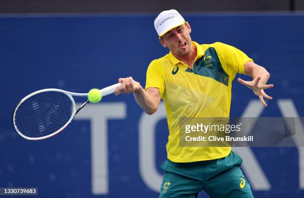 John Millman of Team Australia plays a forehand during his Men's Singles Second Round match against Alejandro Davidovich Fokina of Team Spain on day...