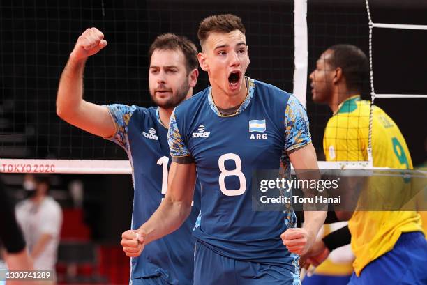 Agustin Loser of Team Argentina reacts against Team Brazil during the Men's Preliminary Round - Pool B volleyball on day three of the Tokyo 2020...