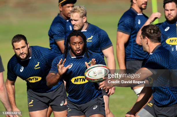 Joseph Dweba catches the ball during the South Africa Springbok training held at the Western Province High Performance Centre on July 26, 2021 in...