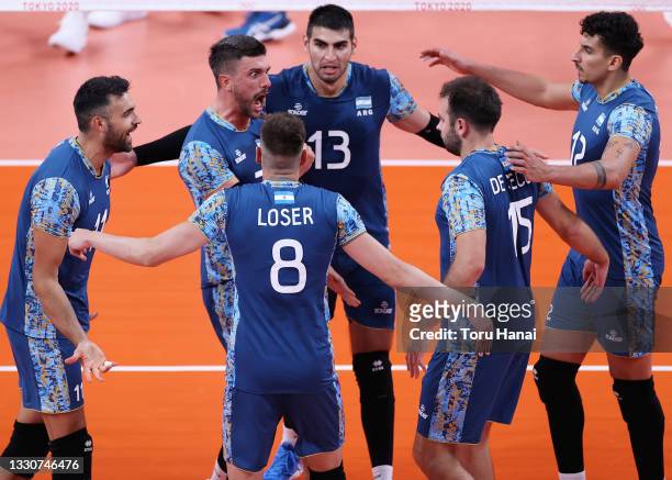 Players of Team Argentina react against Team Brazil during the Men's Preliminary Round - Pool B volleyball on day three of the Tokyo 2020 Olympic...