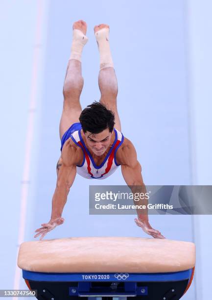 Artur Dalaloyan of Team ROC competes on vault during the Men's Team Final during the Men's Team Final at Ariake Gymnastics Centre on July 26, 2021 in...