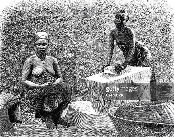 bildbanksillustrationer, clip art samt tecknat material och ikoner med two guinea women working outdoor - världsutställningen 1889
