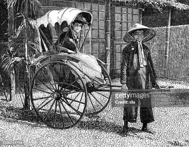 bildbanksillustrationer, clip art samt tecknat material och ikoner med a tonkinese rickshaw in paris, 1889 - världsutställningen 1889