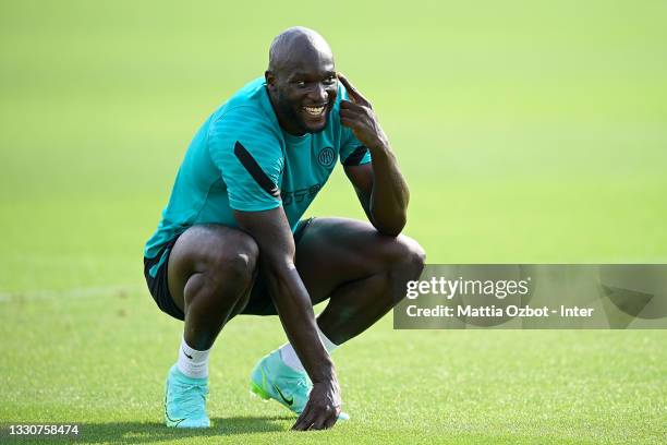 Romelu Lukaku of FC Internazionale in action during the FC Internazionale training session at the club's training ground Suning Training Center at...