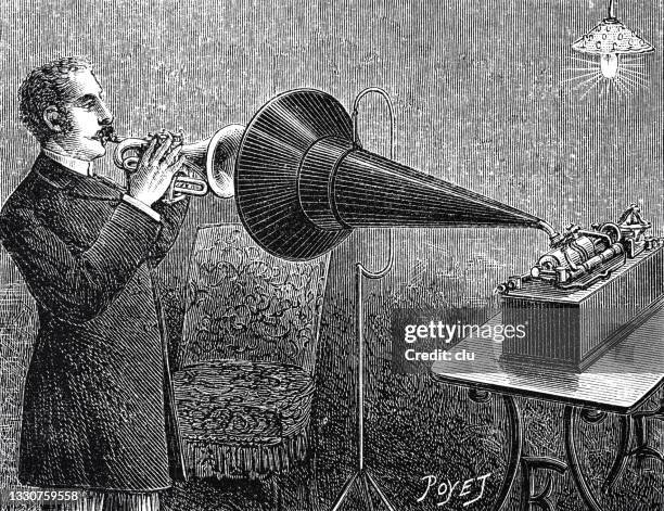 apparatus for recording sound from a trumpet - old recording studio stock illustrations
