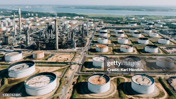 an early morning aerial view of an oil refinery in southampton, uk - stock photo - gasoline ストックフォトと画像