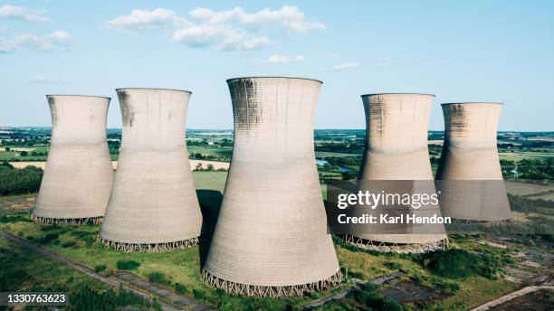 an aerial view of a disused smoke stacks in england - stock photo - cooling tower stock pictures, royalty-free photos & images
