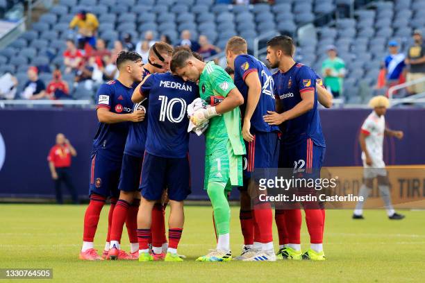 The Chicago Fire huddle up before the game against the Toronto FC at Soldier Field on July 24, 2021 in Chicago, Illinois.