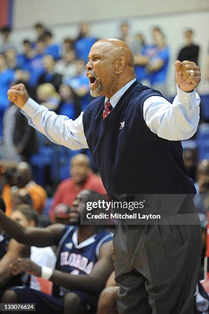 Head coach Mike Jarvis of the Florida Atlantic Owls reacts to a call during a college basketball game against the American Eagles at the Bender Arena...