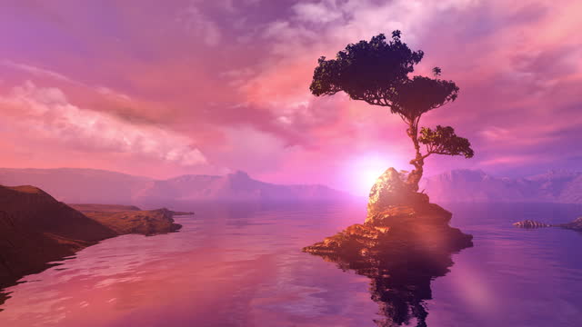 Magnificent purple sunset over a mountain lake.