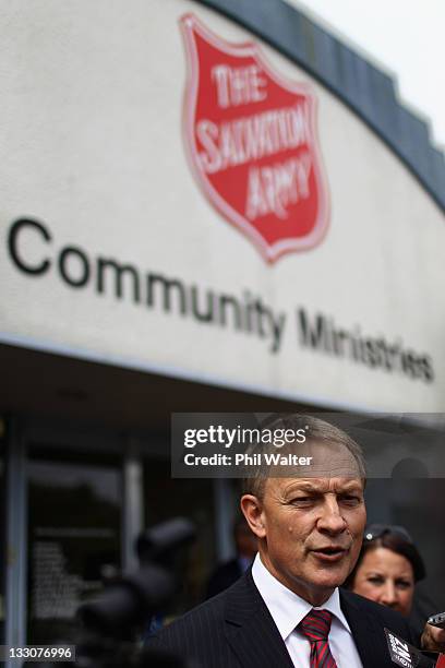 Labour Leader Phil Goff speaks to media during a visit to the Salvation Army Food Back in Manukau City on November 17, 2011 in Auckland, New Zealand....