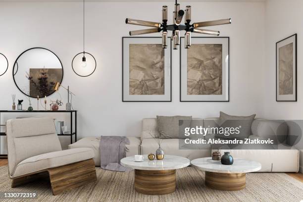 stylish and cozy living room - cozy home interior stock pictures, royalty-free photos & images