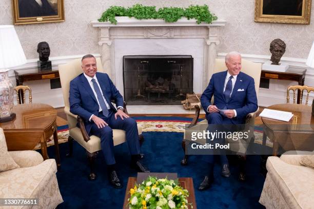 President Joe Biden hosts Iraqi Prime Minister Mustafa Al-Kadhimi for a bilateral meeting in the Oval Office at the White House on July 26, 2021 in...