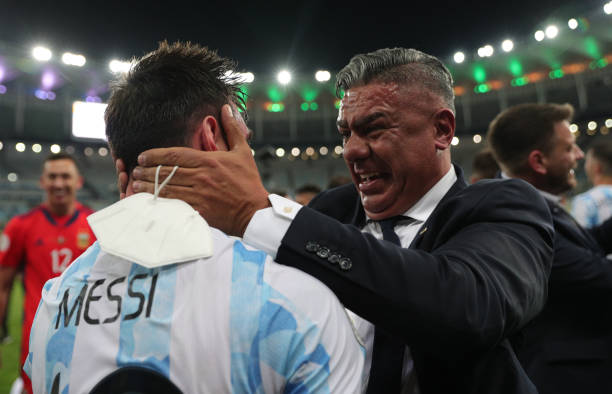 Claudio Tapia President of AFA celebrates with Lionel Messi of Argentina after the final of Copa America Brazil 2021 between Brazil and Argentina at...